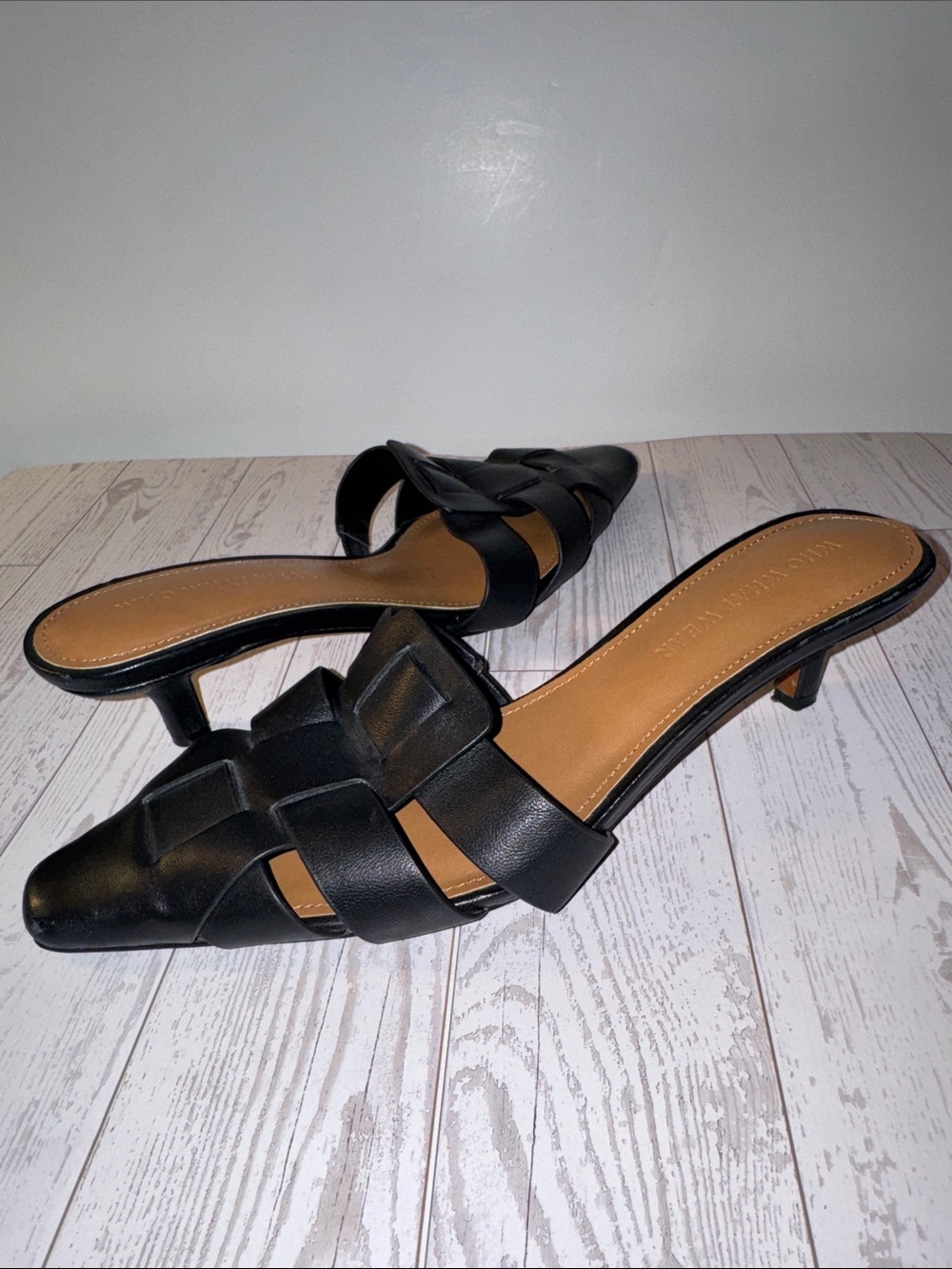 Who What Wear Black Woven Leather Kitten Heel Mules